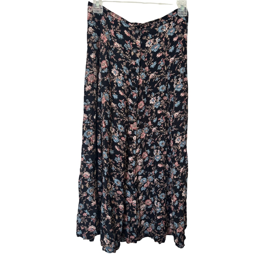 Vintage Floral Button Front Midi Skirt Black Blue Pink High Waisted A-Line‎